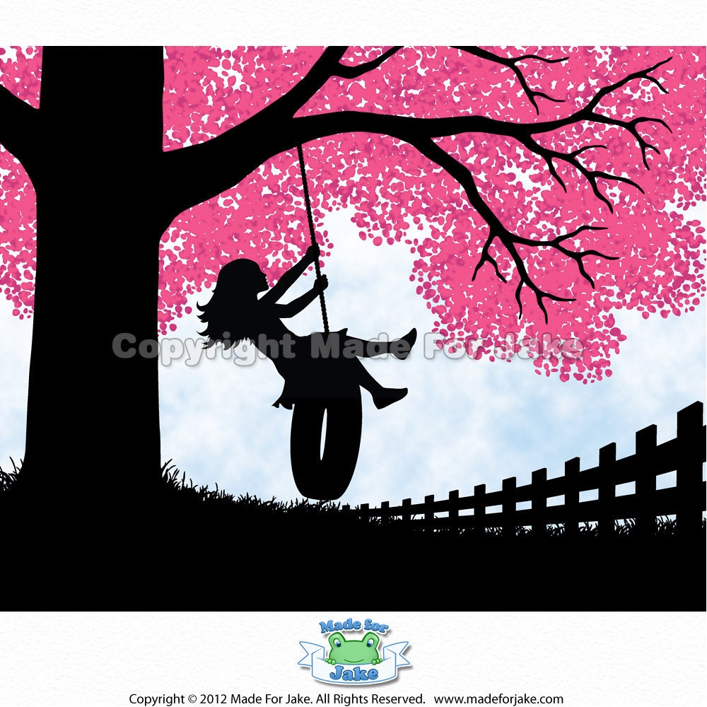 ACEO Spring Time Cherry Blossom Girl Silohuette on Tire Swing Print
