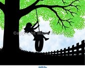 Spring Girl silhouette on swing with green tree print nursery 8 x10