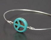 Turquoise Bangle Bracelet- Turquoise Gemstone Peace Symbol Bead and Sterling Silver Filled Wire- Custom Made to Size