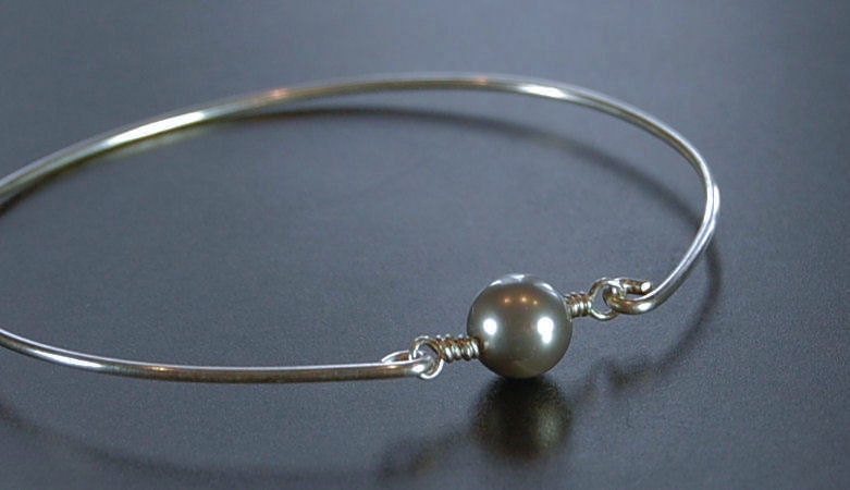 Bangle Bracelet- Light Grey Swarovski Pearl Bead and Sterling Silver Filled Wire- Custom Made to Size
