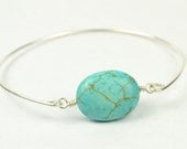 Turquoise Bangle Bracelet- Turquoise Oval Bead and Sterling Silver Filled Wire- Custom Made to Size