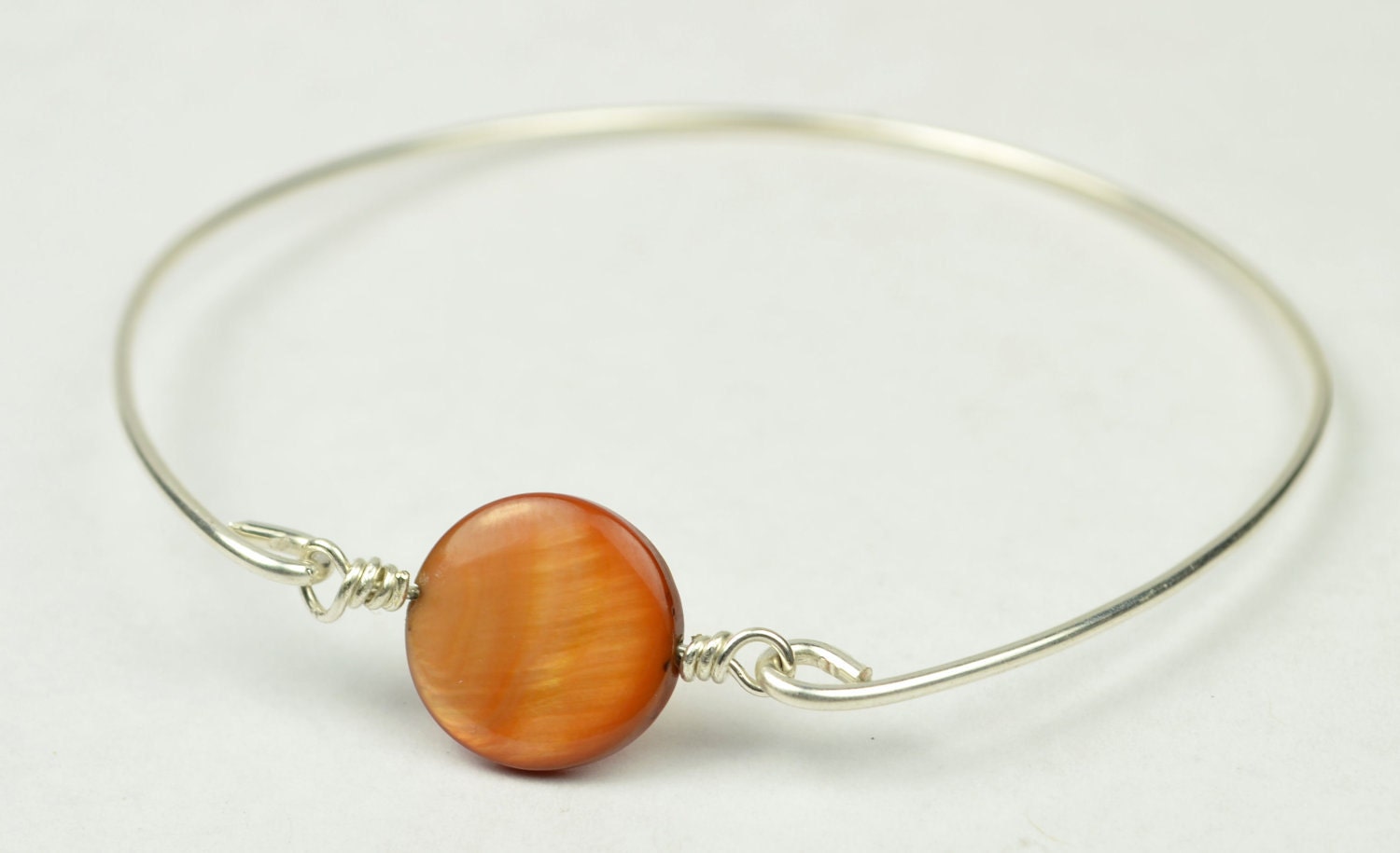 Bangle Bracelet- Burnt Orange Mother of Pearl Shell Bead and Sterling Silver Filled Wire- Custom Made to Size