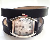 Leather Watch Wrap Bracelet - Made to Order - Black - I Need Your Wrist Size