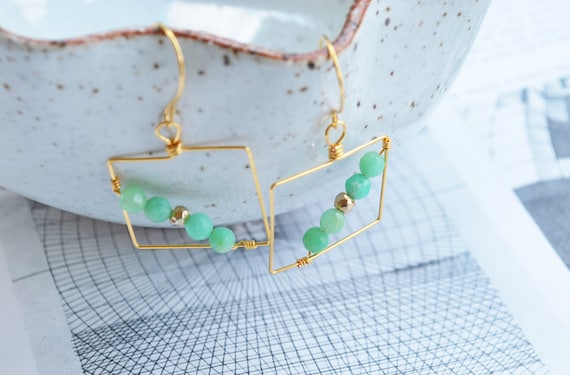 Square earrings (Intersect series) - gold earrings - chrysoprase and pyrite earrings - gold jewelry - Geometric