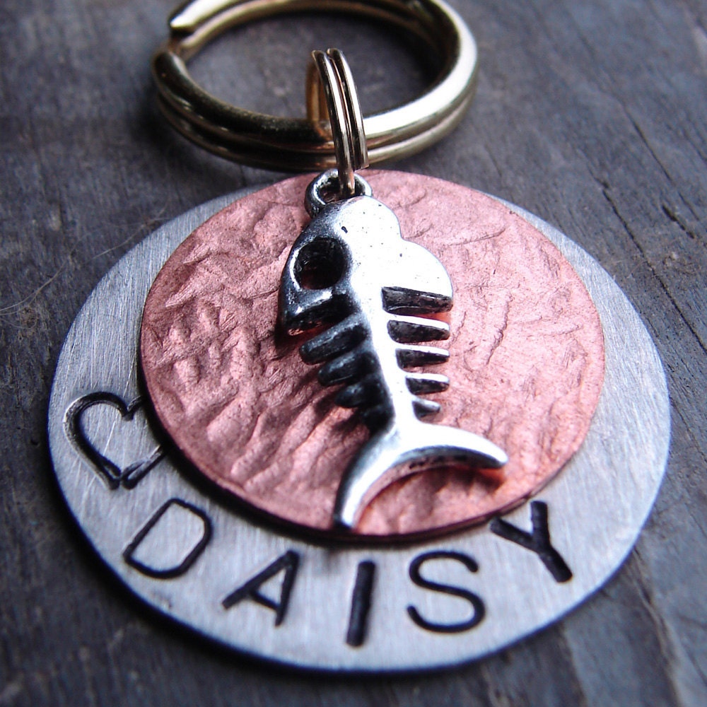 Cat ID Tag, Hand Stamped, Fish Bones, Mixed Metal Pet ID