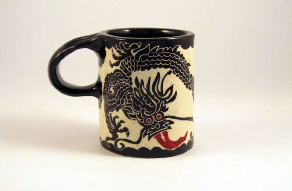 Mug 5-Toed Asian DRAGON on Stoneware Pottery Mug Sgraffito Carved Design