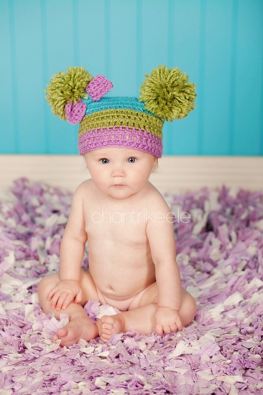 Girl Purple, Lime Green, & Turquoise Pom Pom Hat