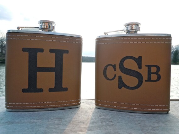 5 Custom Engraved / Personalized Leather Flasks: Flask for Groomsmen, Best Man, Birthdays, Graduations
