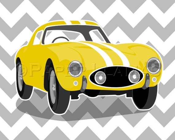 Childrens art - 1956 Ferrari - wall art - Vintage sports car - boys art prints - nursery art - pick your colors yellow and grey