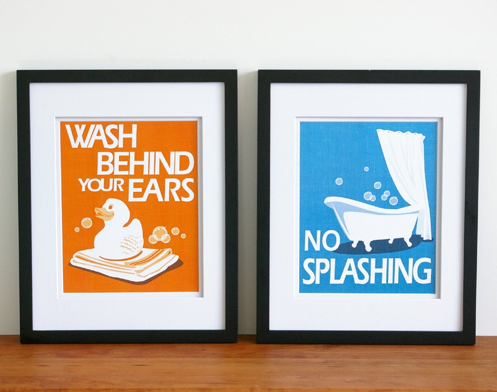Childrens Bathroom Art Prints, Wash Your Hands, Brush Your Teeth, Wash behind your ears, set of 4 -custom colors- word art 8x10
