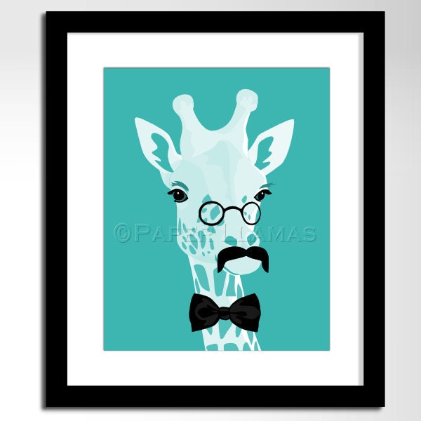 Giraffe art jungle safari animal art print, custom colors, size 8 x 10 kids childrens art animals with mustaches giraffe wall art