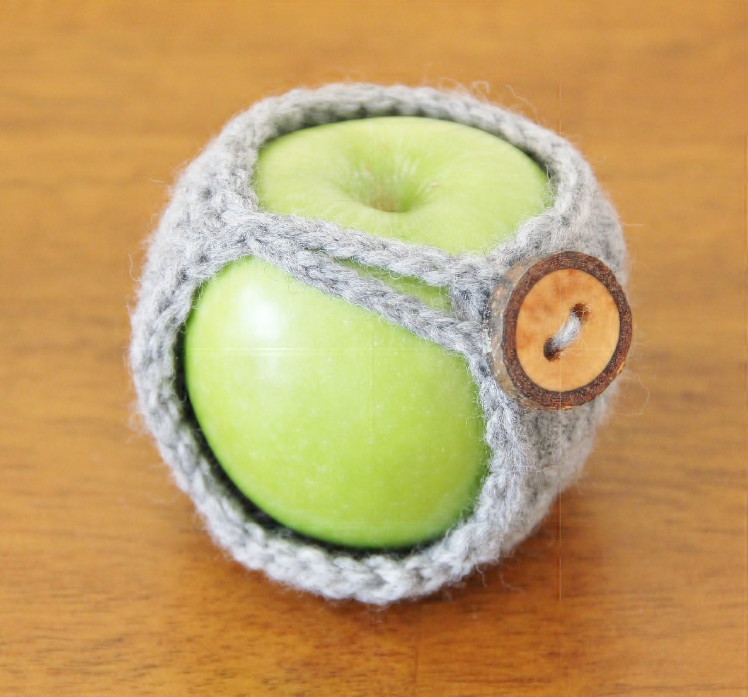 Crochet Gray Apple Cozy With Tree Bark Button, Cuddle Your Fruit