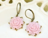 Short Hanging Blooms - Orchid Pink Roses on Antiqued Brass Filigree Links Dangle Earrings