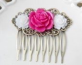 Flowers in Her Hair - Raspberry Peony Blossom with Small White Roses on Antiqued Brass Hair Comb