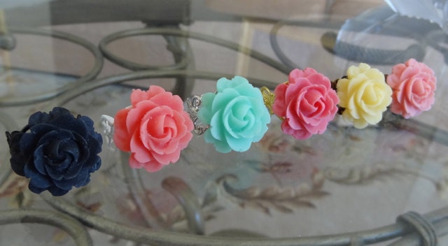 Blooming Rose Ring - YOUR CHOICE Color Black, Coral Red, Blue, Fuchsia, Lemon Yellow, or Pink Rose on Your Choice Filigree Adjustable Band