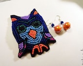 Blue and orange bead brooch "Owl" - in set with earrings - MADE TO ORDER - bird jewelry