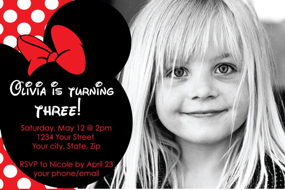 Custom Made Minnie Mouse Birthday Party Invitations