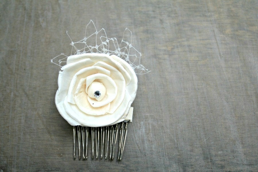 Timeless Collection - Handmade Sola Wood Rose Hair Comb With Russian Birdcage Netting - Wedding Bridal Hair Accessory Fascinator