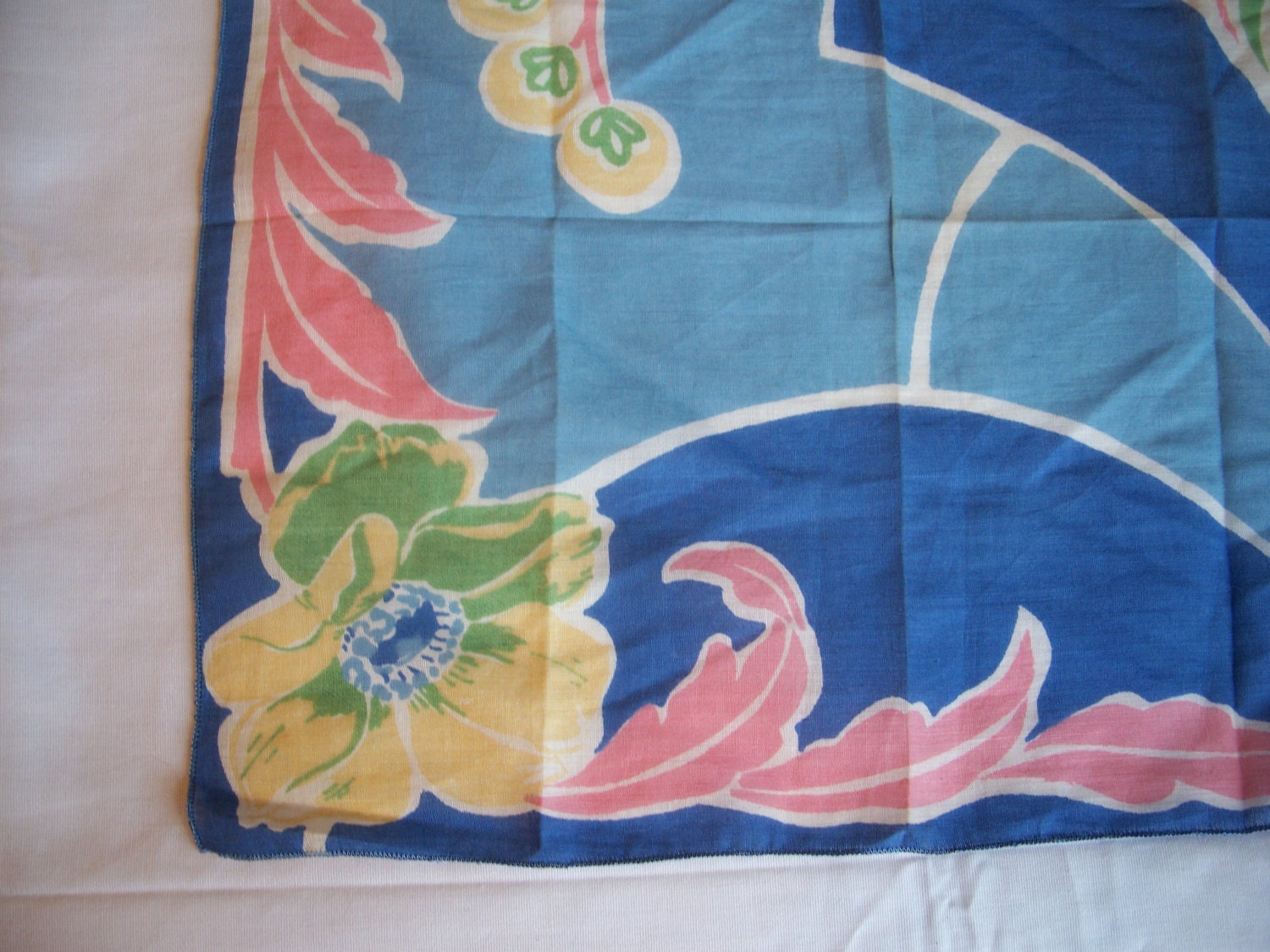 Vintage Handkerchief HANKY Hankie Cotton ABSTRACT Flower Print Blue Pink Yellow Floral Design
