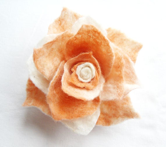 Rose Felted Flower Brooch Corsage Coral and White gift for her under 25