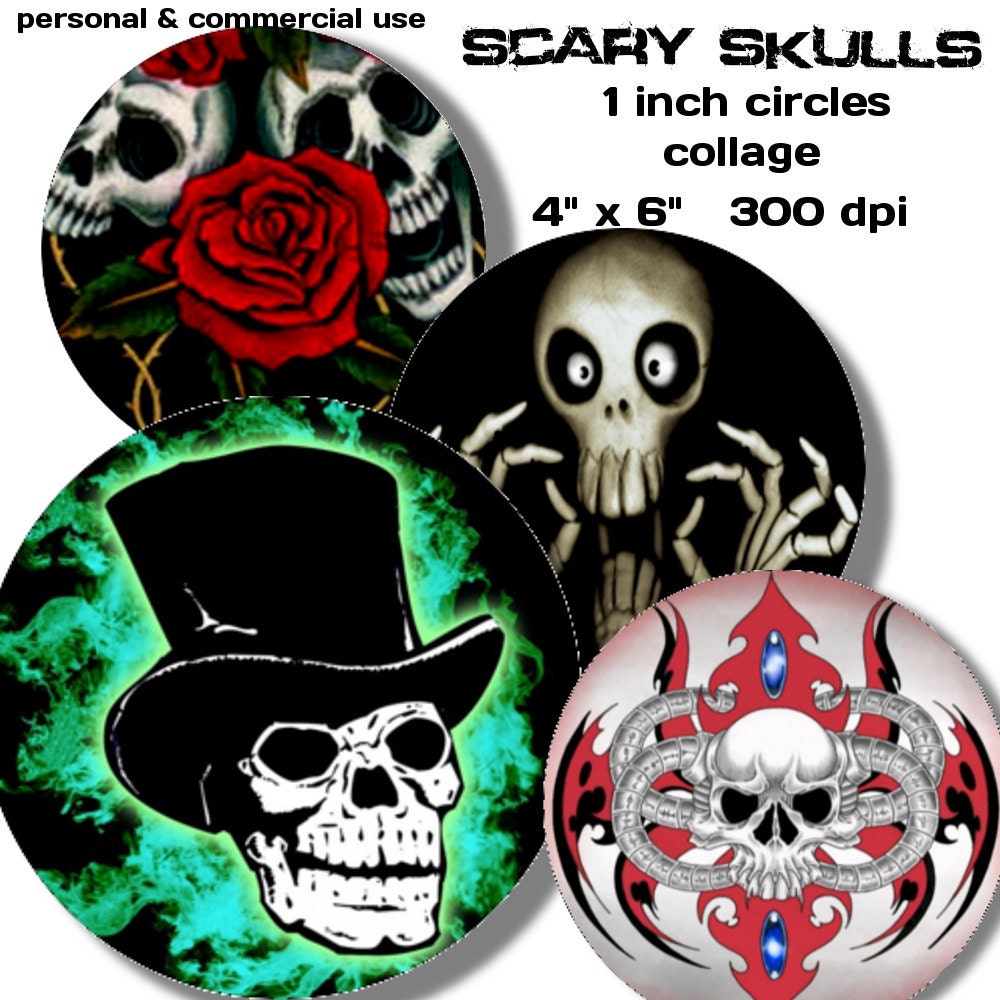 Collage Sheet: Skulls  1 inch Circles jpeg Digital File   no. 080