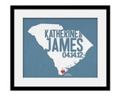 South Carolina Wedding Gift - Personalized State and Heart - Custom Wedding Date - Location City and State Modern Art Print - 8x10