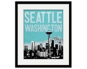 Seattle Washington City Skyline - 8" x 10" - choose your color - Wall Art - Souvenir - Wedding Gift - Print - Space Needle