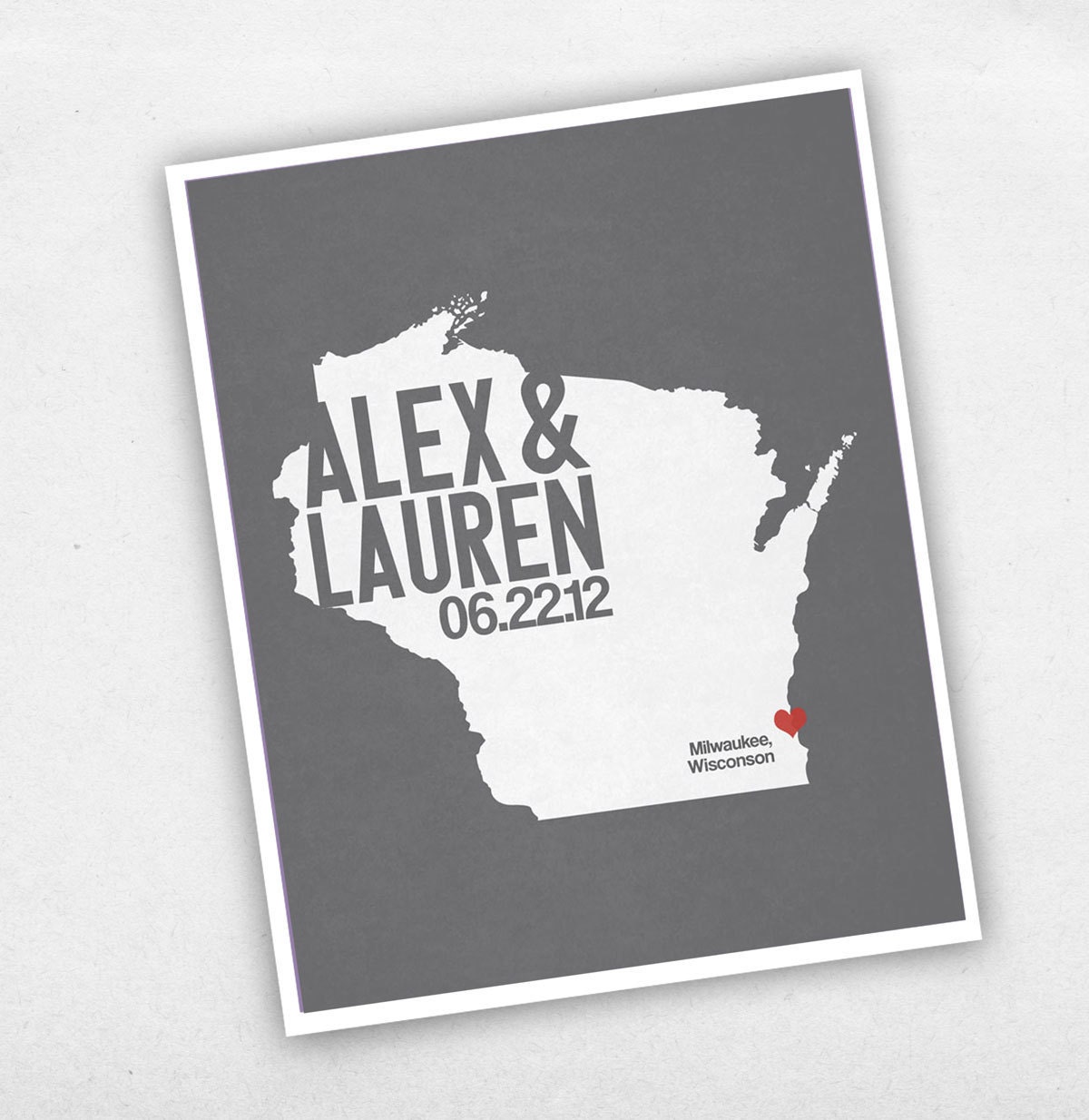 Wisconsin Wedding Gift - Personalized State and Heart - Custom Wedding Date - Anniversary - Location City State Modern Art Print - 8x10
