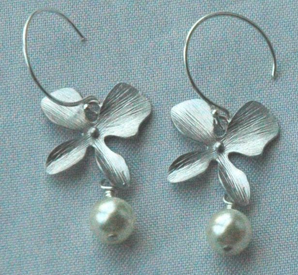 Sterling Silver Four Petal  Orchid Flower with Swarovski Crystal  Pearls Earrings