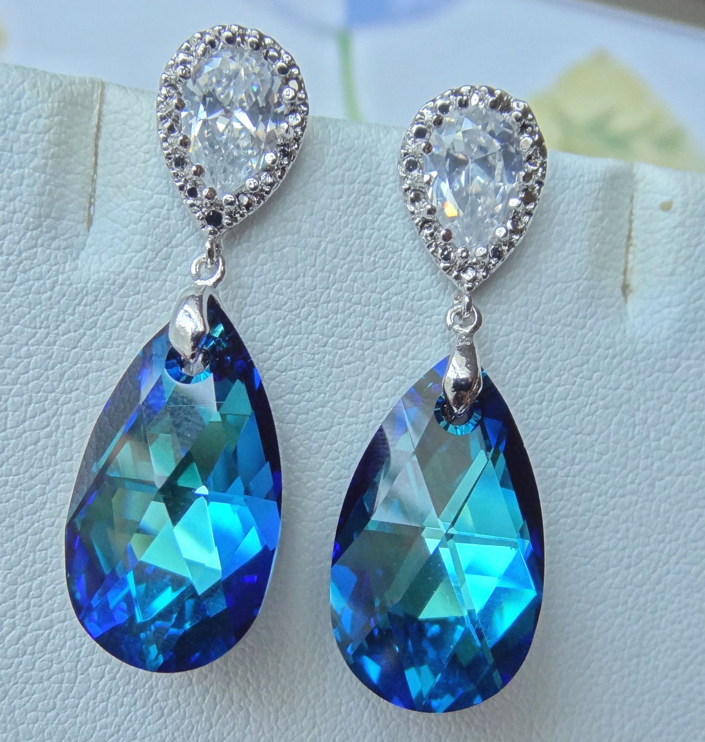 Swarovski Crystals Bermuda Blue Peacock with Cubic Ziconia Post Sterling Silver Earrings, Bridesmaids Earrings, Bride Bridal Earrings