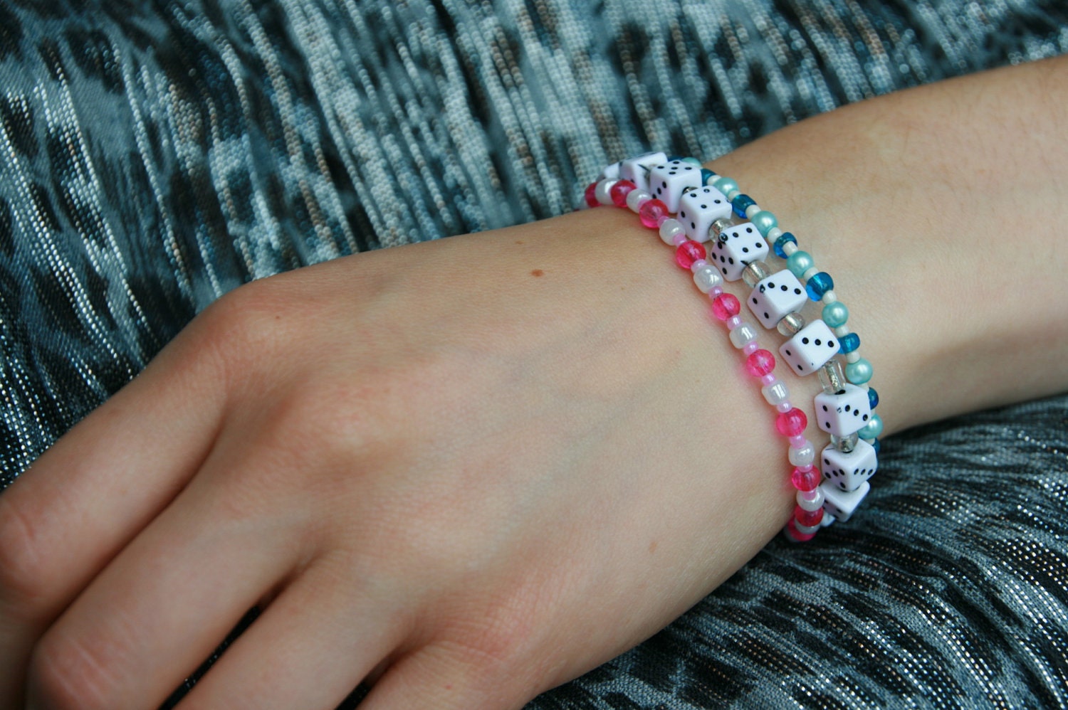 Dice bracelet - pink, cream, turquoise, dice, multi strand, die, boy, girl