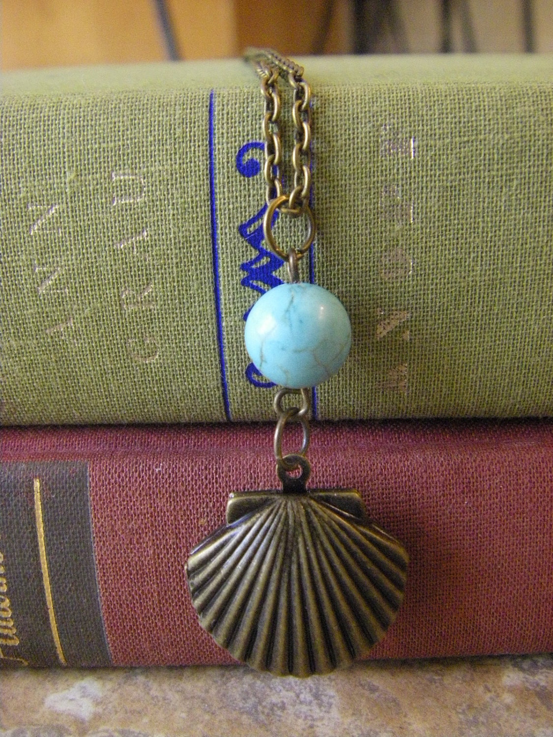 Seashell Shell Locket Necklace antiqued brass locket Turquoise Blue Bead brass chain nautical ocean theme necklace under 25