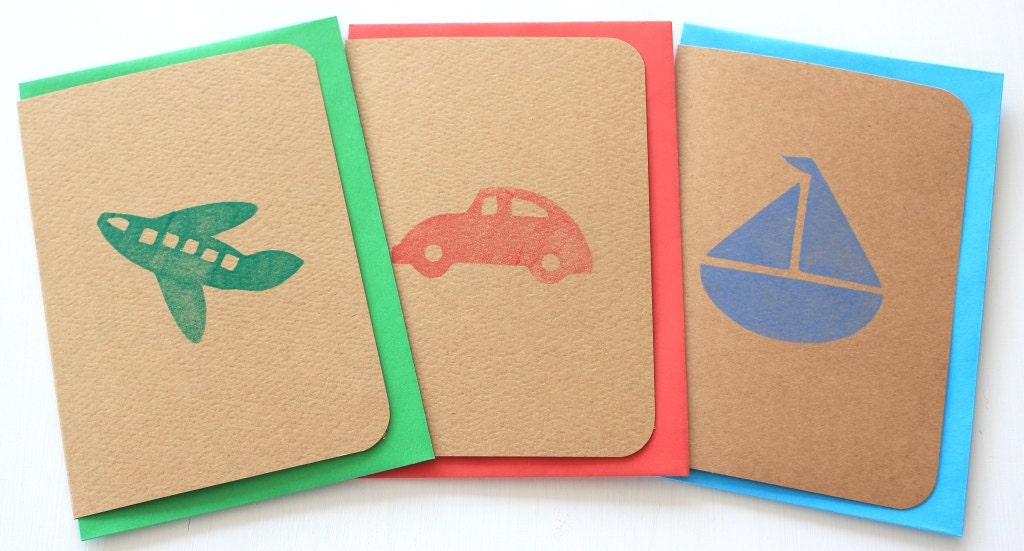 Cute blank greeting card set of 6 - featuring a hand stamped car in red, boat in blue and plane in green - three designs