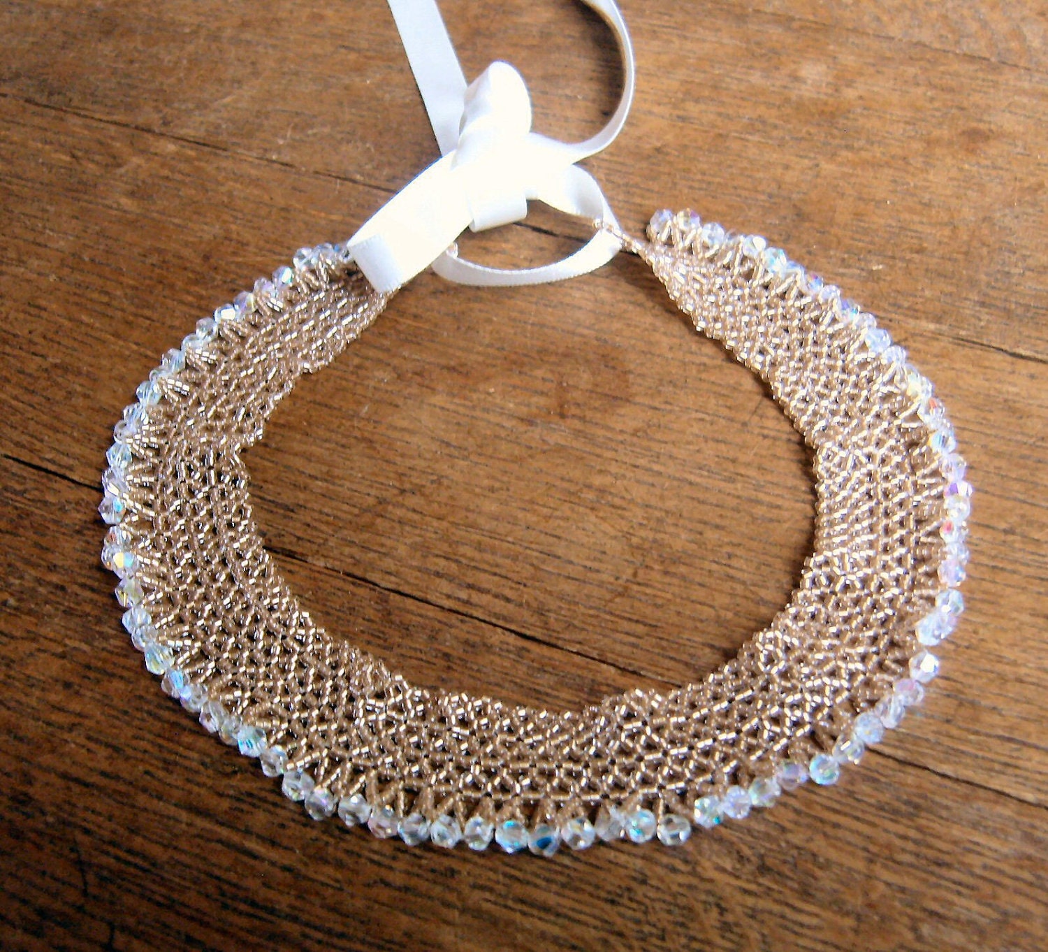 Seed Bead Collar Necklace,  Beaded Lace Collar, Statement Necklace, Bronze Jewelry, Under 100