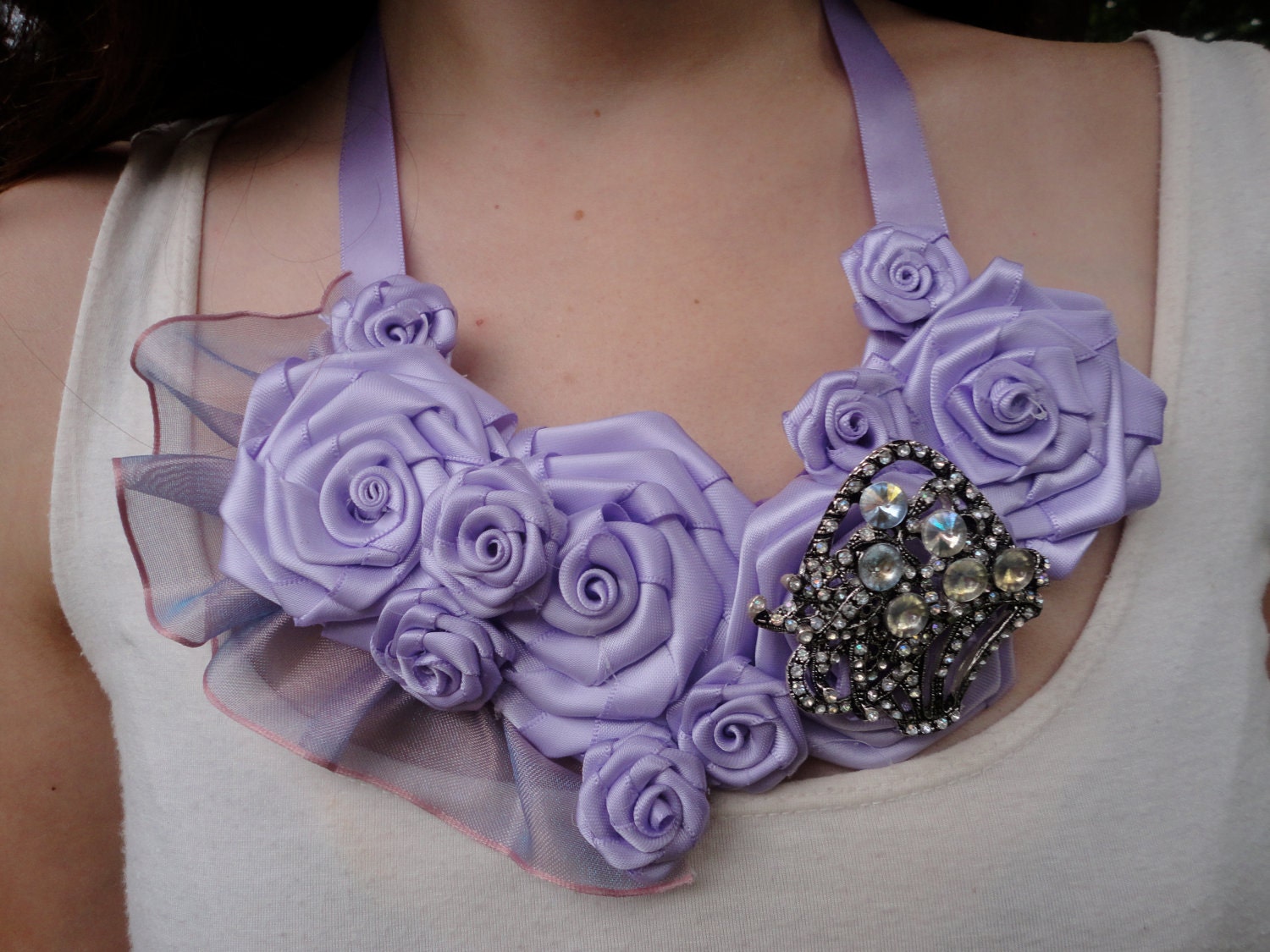 Lavender Bib Necklace, Purple Statement Flower