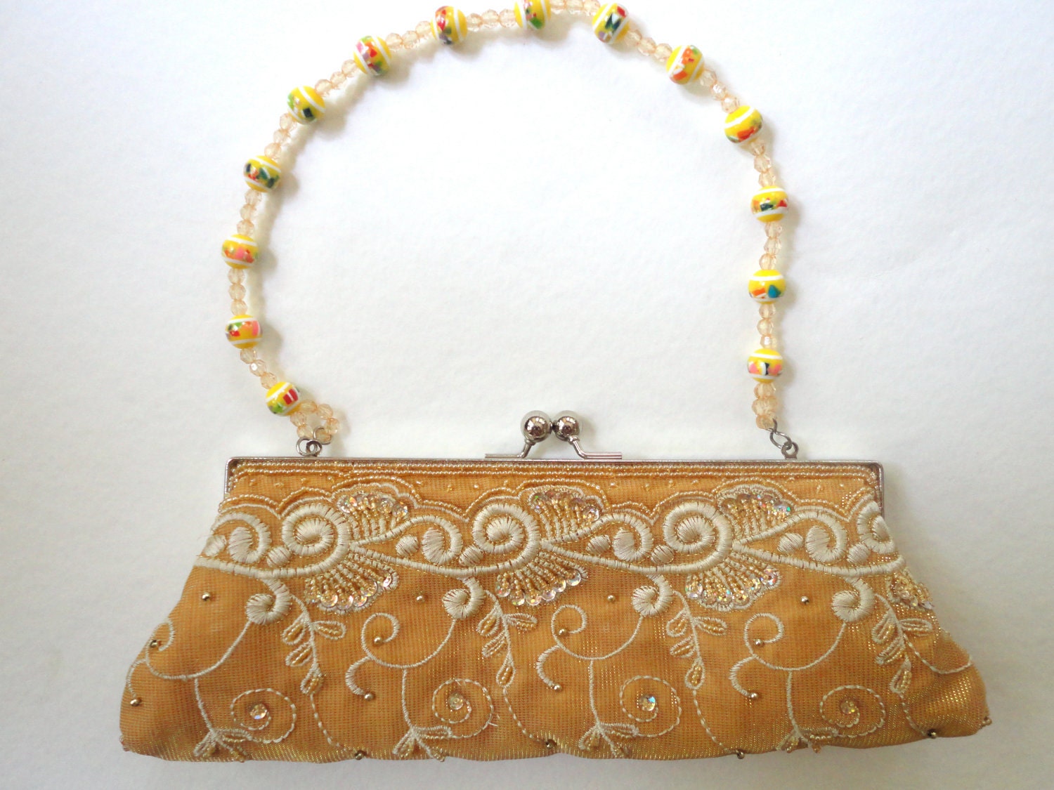 Gold Purse with Bead Handle, Vintage Look - RosesForClementine