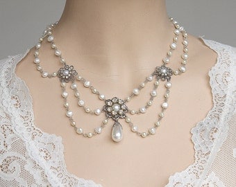 Vintage Bridal Necklace, Wedding Necklace, Bridal pearl Necklace, Bridal Jewelry, Victorian, Rhinestone,Silver,Romantic Necklace - Florence