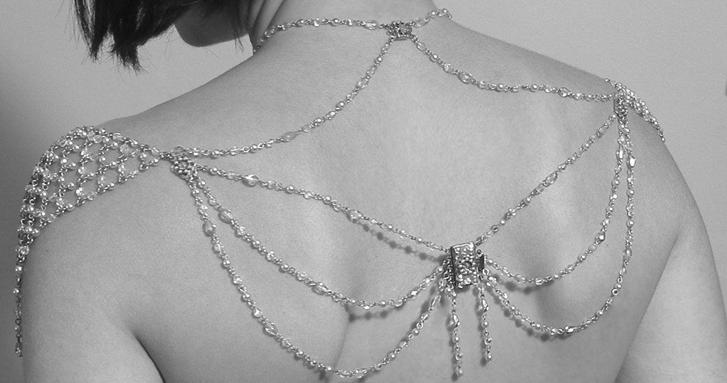 Necklace For The SHOULDERS, 1920s Inspiration, Beaded Pearls And Rhinestone,Jazz Age,Antique CHIC Gold, OOAK Bridal Wedding Jewelry
