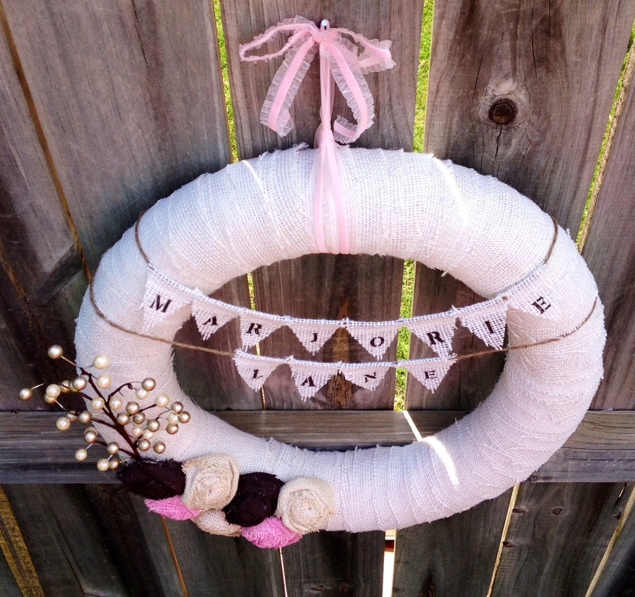 18" New Baby Girl Wreath, Nursery, Baby Shower, Hospital, Delivery, Door/Wall Decor, Wedding Wreath, Shabby Chic: Pink, Brown, Champagne