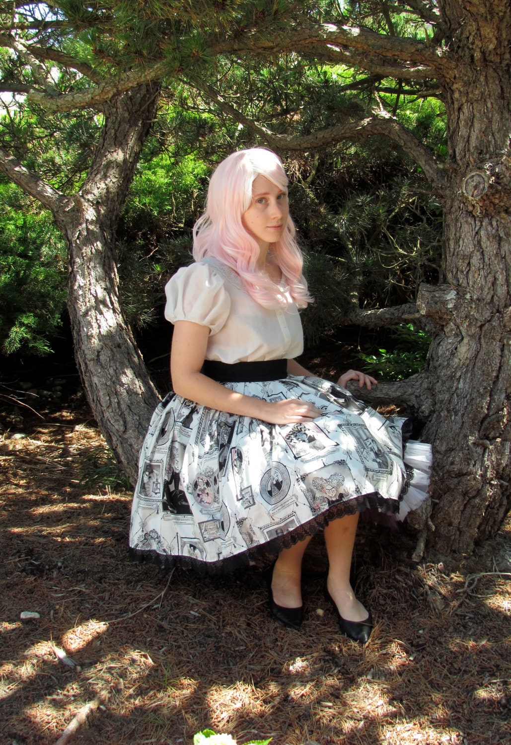 The Ghastlies - A Ghastlie Gallery Cupcake-Style Skirt with Wide Waistband and Black Lace Hem