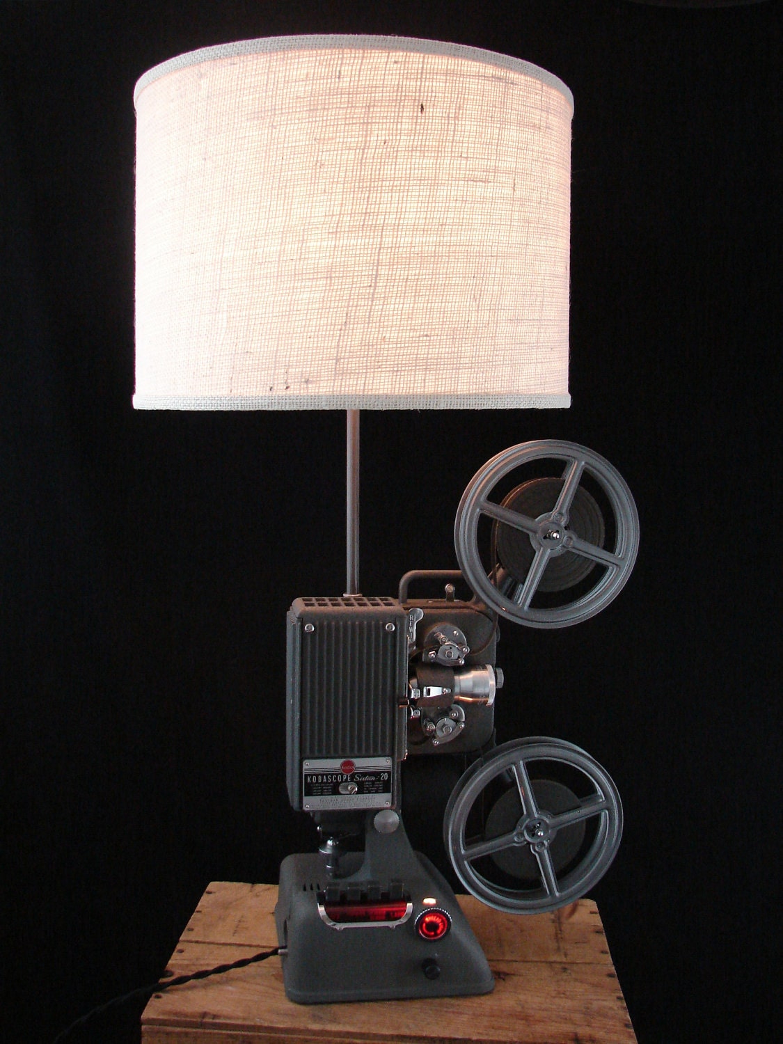 Upcycled Kodak 16mm Projector Lamp with Ivory Burlap Shade