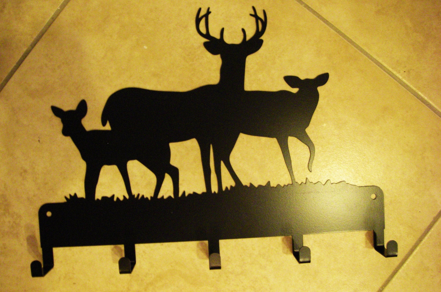 Black Deer Buck & Doe Hunting Scene Key Holder Organizer Wildlife Wall Art 16"