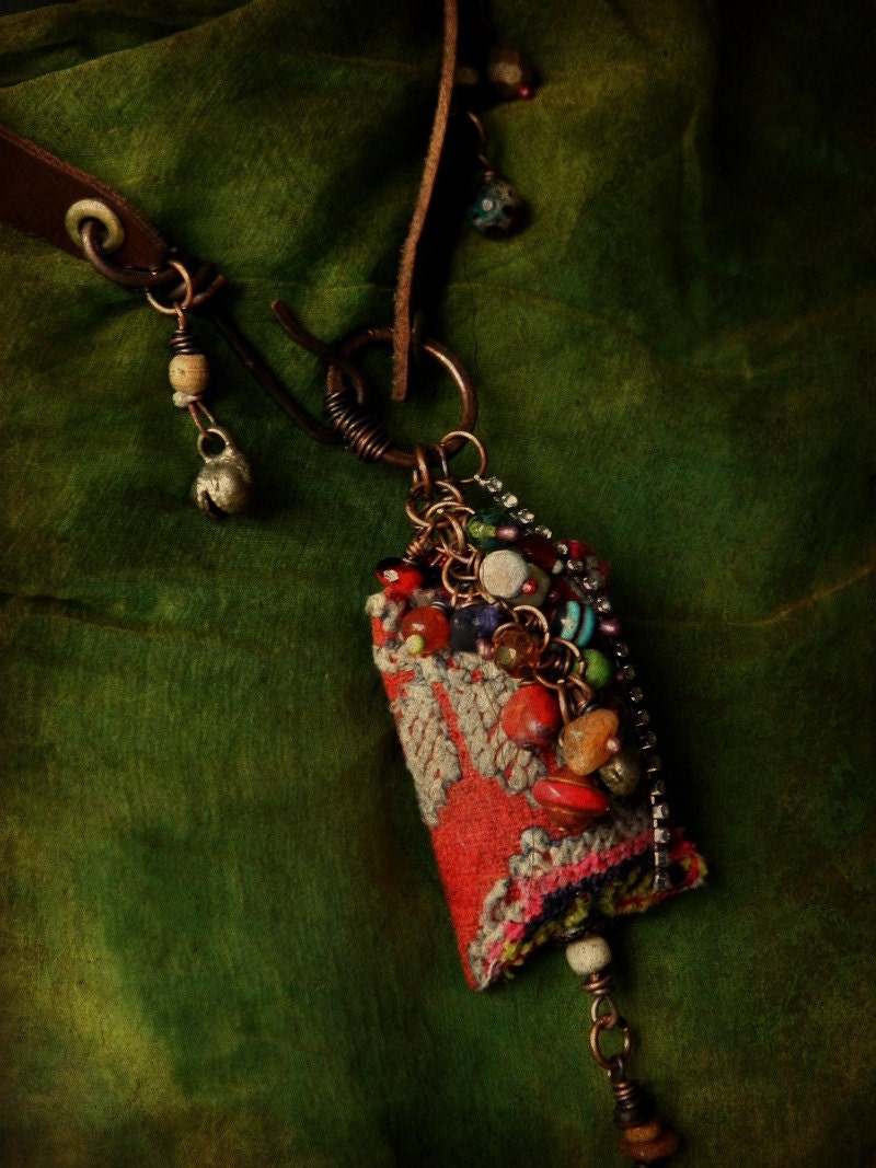 Bohemian gypsy cluster necklace - vintage textile and beads