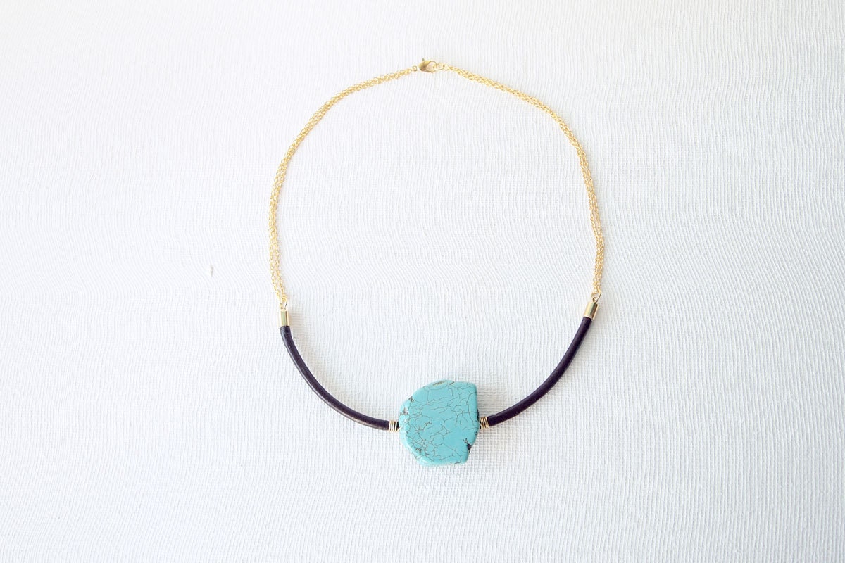 SPRING SALE Statement Necklace : Autumn Fashion, Raw Turquoise Magnesite Slab on Leather Cord Necklace