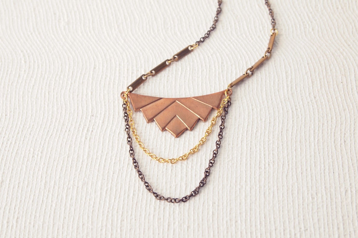 Copper Necklace on Geometric Necklace   Copper Brass Chevron Necklace With 2 Tier Drape