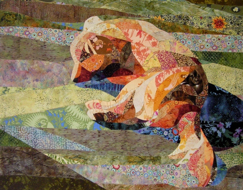Sleeping Dog on the Porch - Quilt Fabric Art