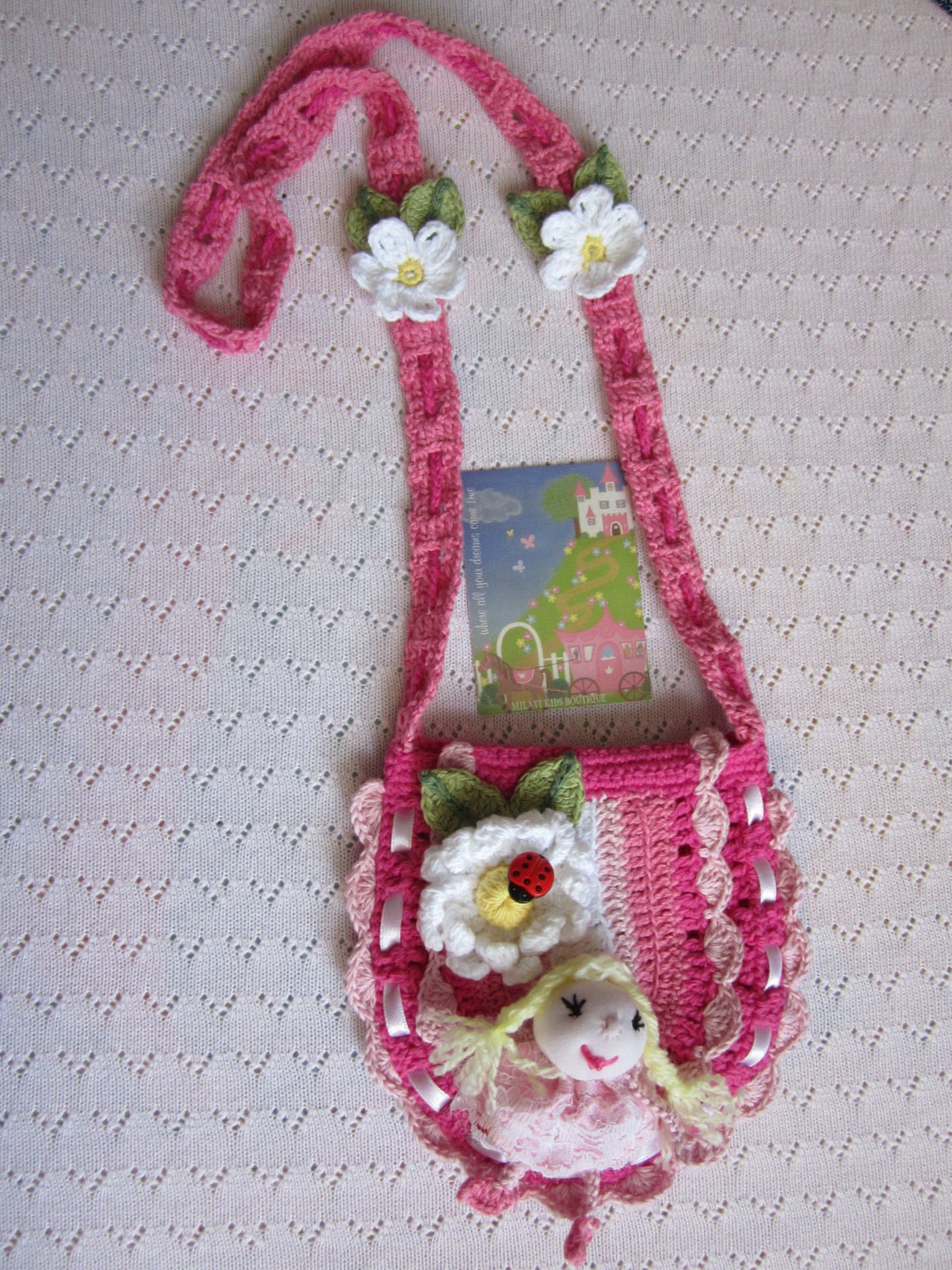 Crochet girls purse with doll clip. Hot Pink pouch with flowers and ladybug. Crochet girls handbag