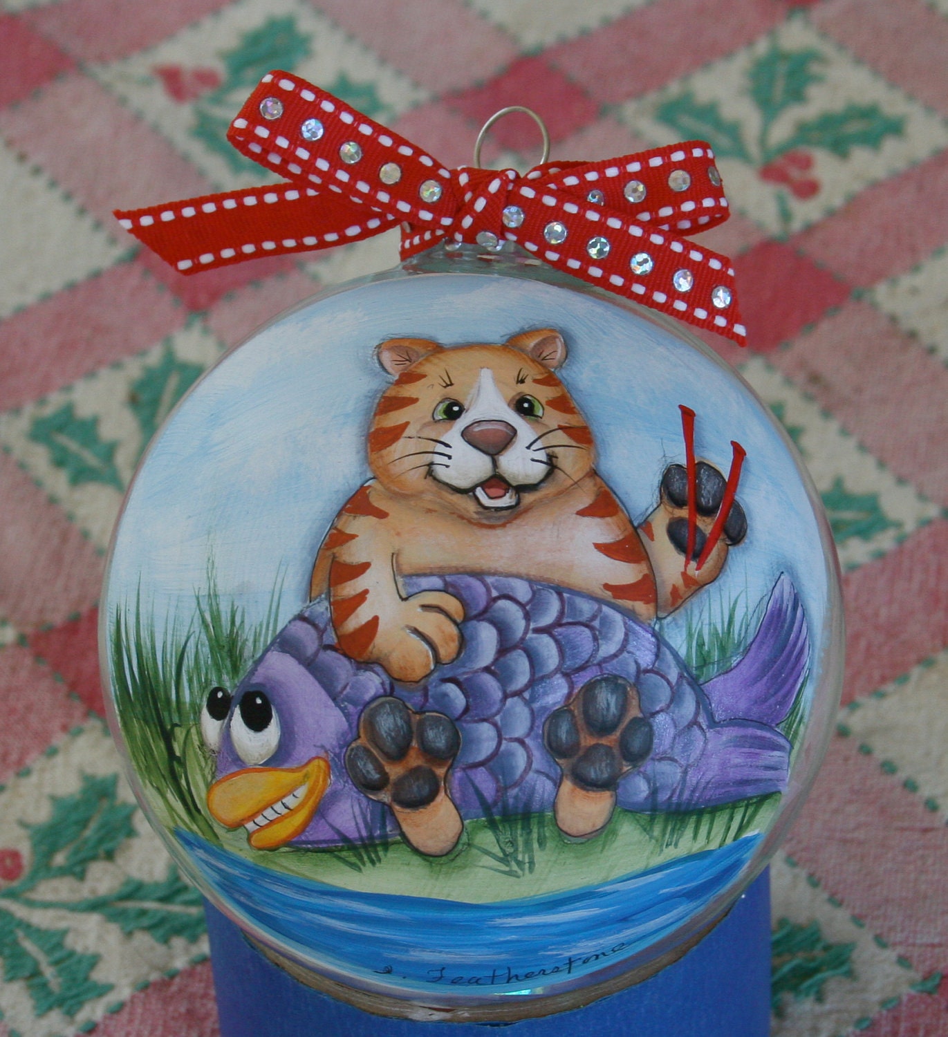 Sushi, Cat, Fish, Summer Spring Original Whimsical Hand Painted Personalized Custom Ornament Sushi Cat Painting Decor