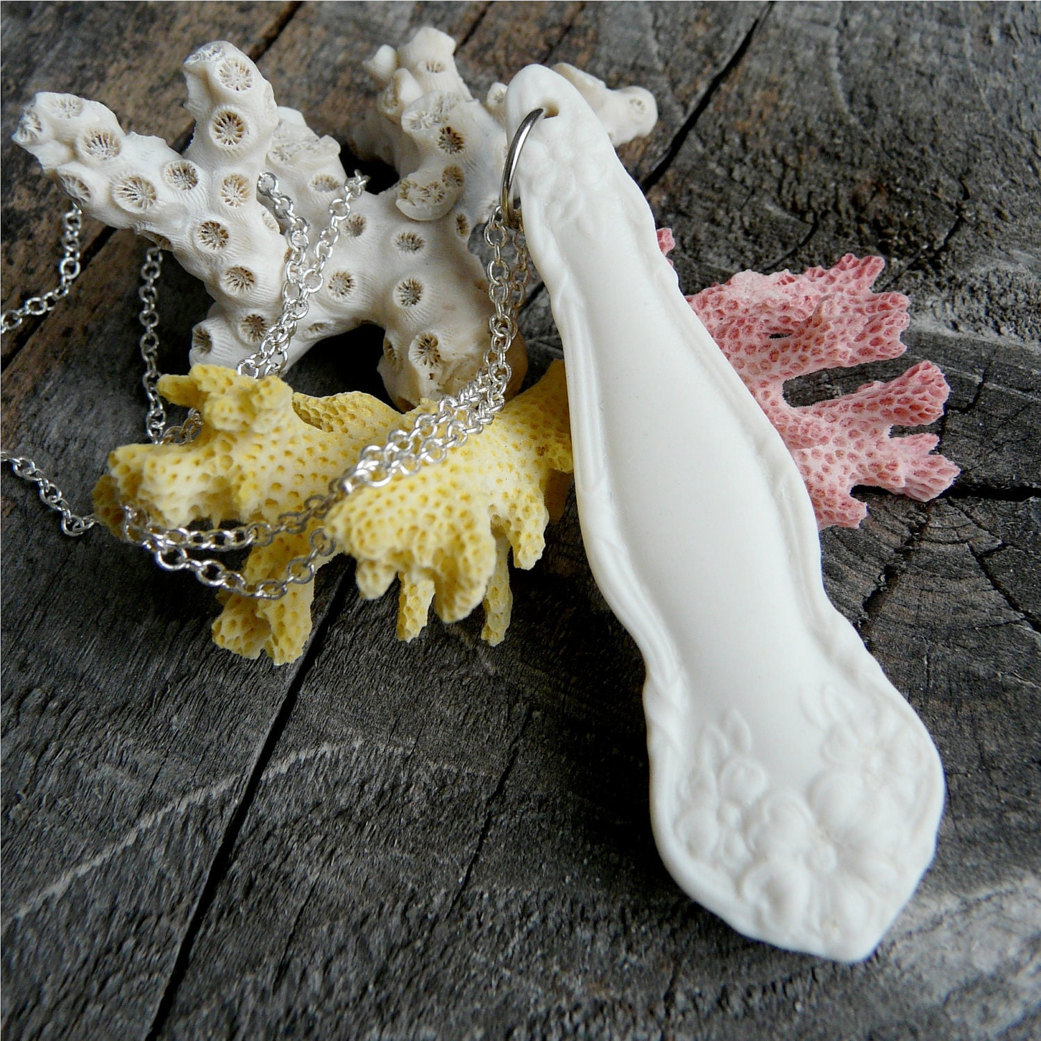 Porcelain Necklace Pendant, Made from Antique Spoon: Arbutus Pattern, Silver Chain