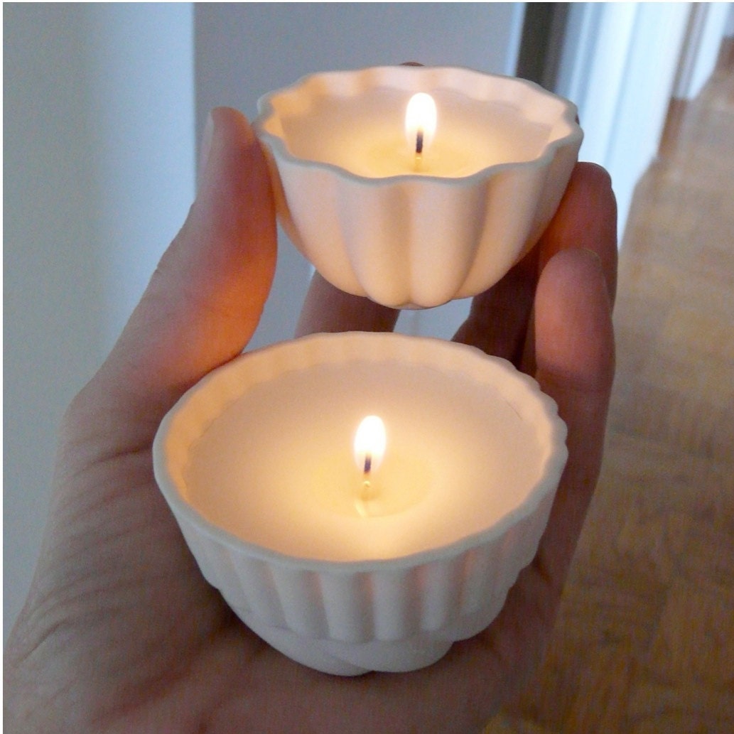 Porcelain Soy Candle, Jello Mold Tea Lights, Green Tea and Jasmine Scented, Set of 2